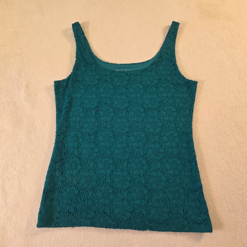 White House Black Market Teal Blue Floral Lace‎ Scoop Neck Tank Top Small